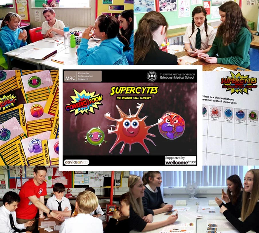 Compilation of images of children playing the Supercytes card game